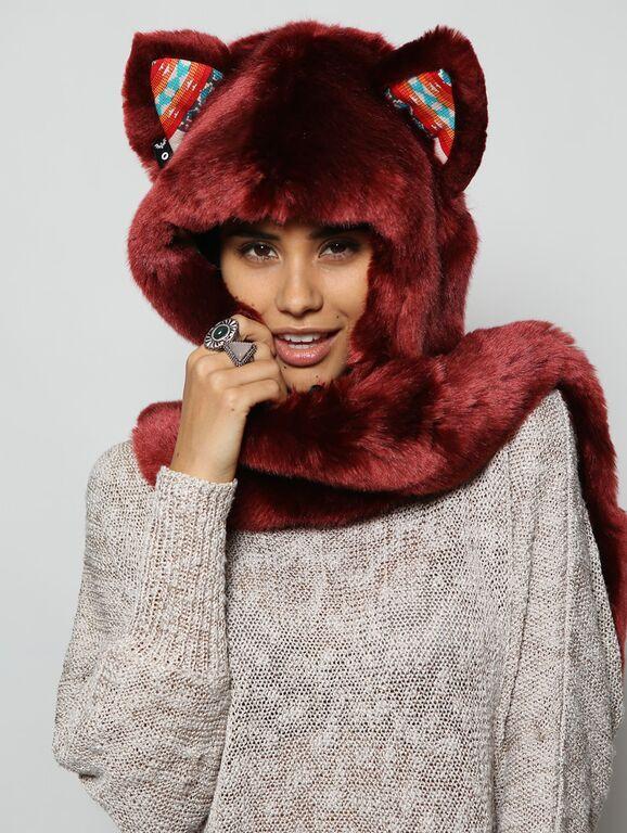 Woman wearing faux fur Fire Wolf 2.0 Collectors Edition SpiritHood, front view 1