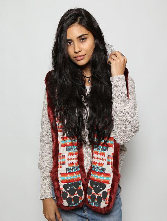 Woman wearing faux fur Fire Wolf 2.0 Collectors Edition SpiritHood, front view 3