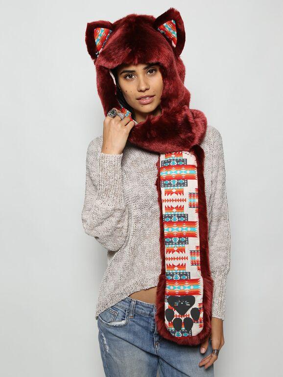 Woman wearing faux fur Fire Wolf 2.0 Collectors Edition SpiritHood, front view 4