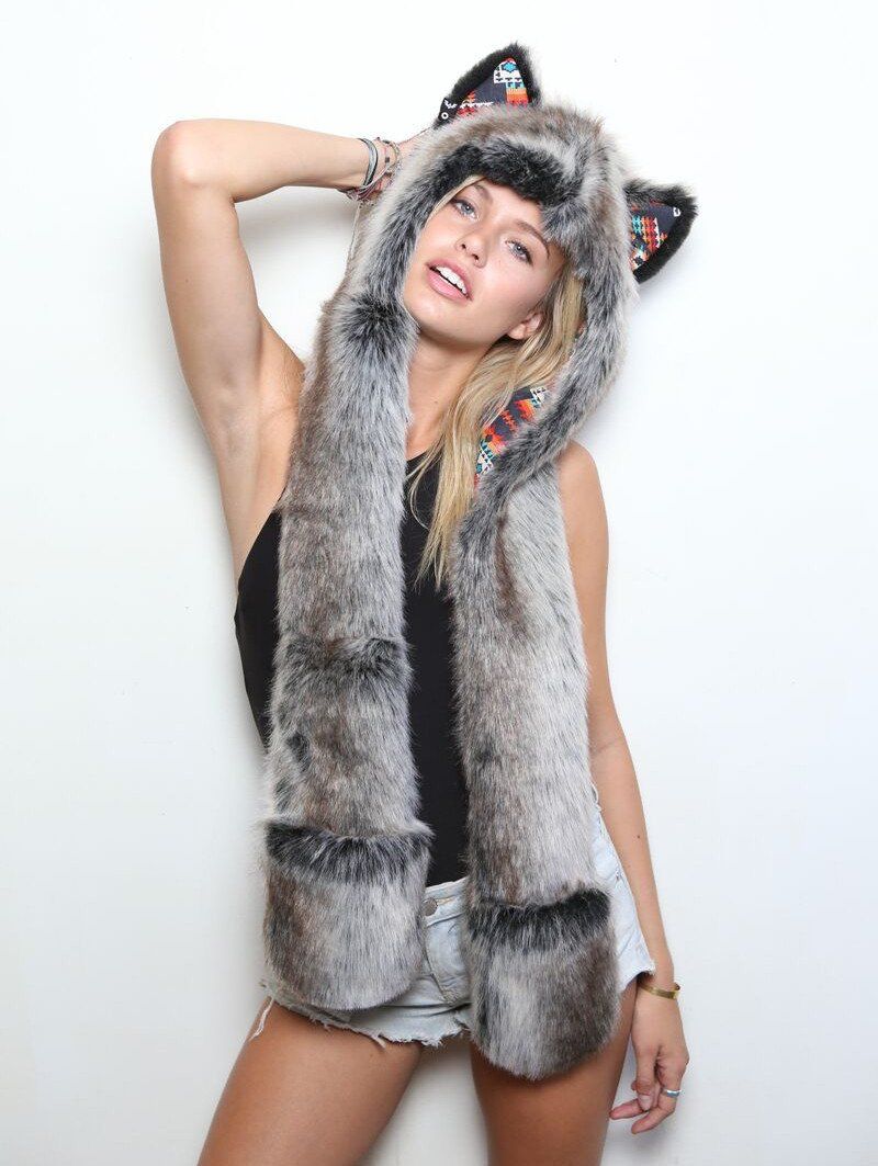 Hooded Collectors Edition Unisex Faux Fur with Grey Wolf Warrior Design