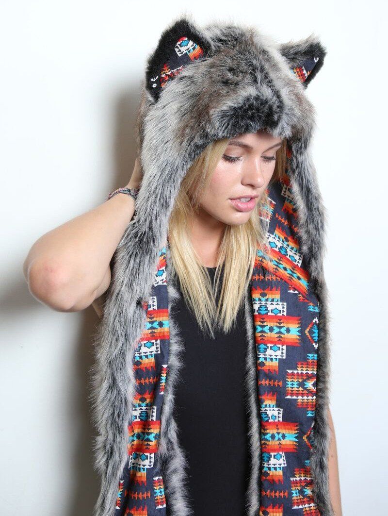 Grey Wolf Warrior Collectors Edition **UNISEX** Faux Fur with Hood on Female Model