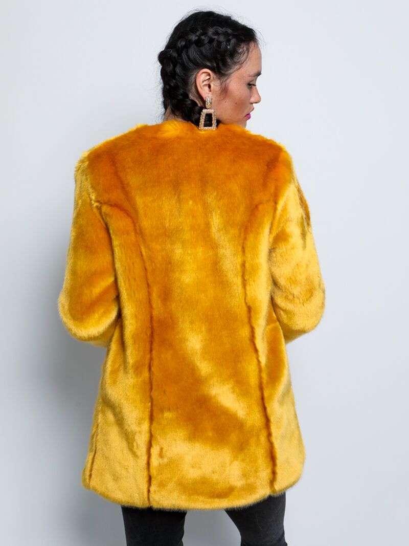 Back View of Golden Wolf Faux Fur Coat with V-Neck