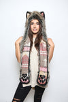 Woman wearing faux fur Unisex Direwolf Spirithood, front view 1