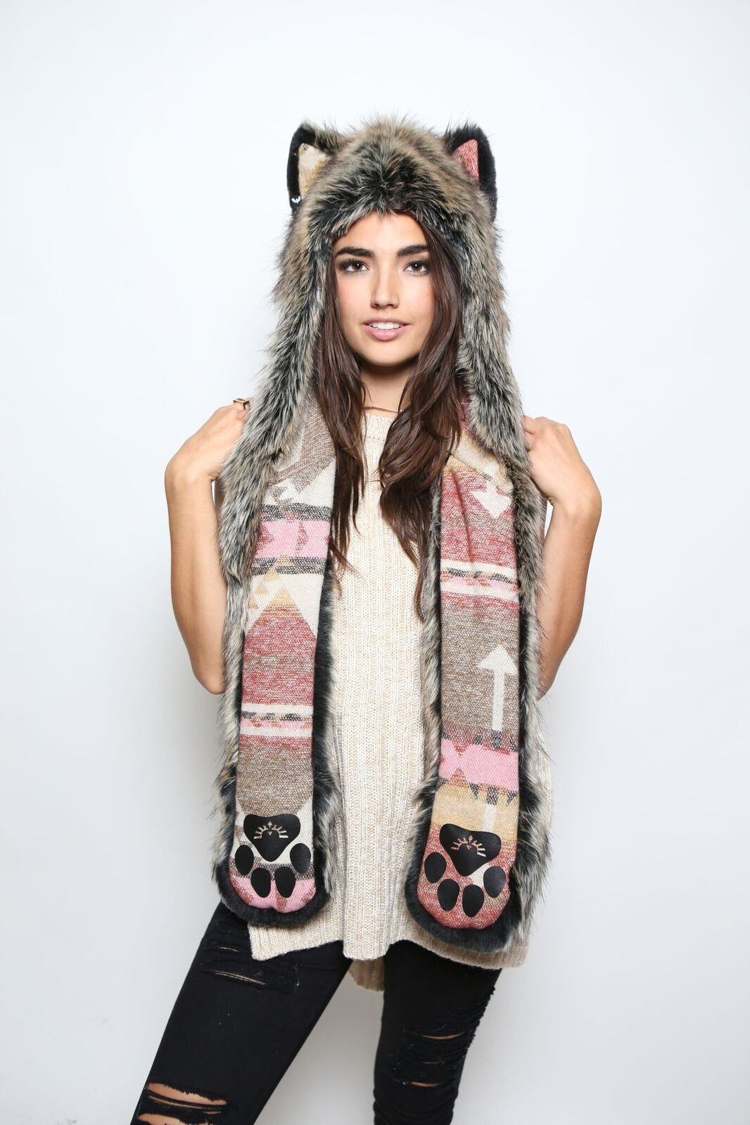 Woman wearing faux fur Unisex Direwolf Spirithood, front view 1