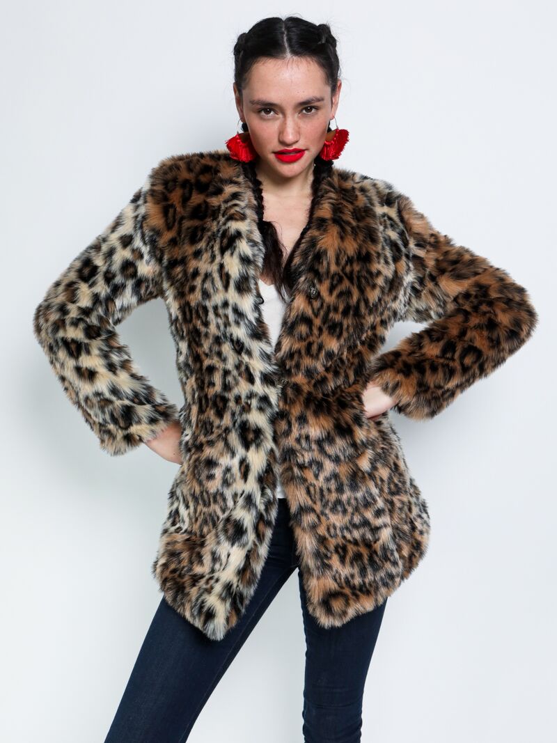 Leopard V-Neck Faux Fur Coat for Women