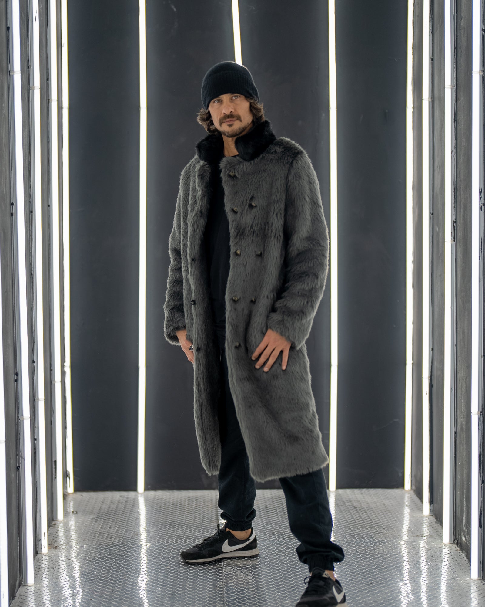 Grey Fox Calf Length Faux Fur Coat | Men&#39;s