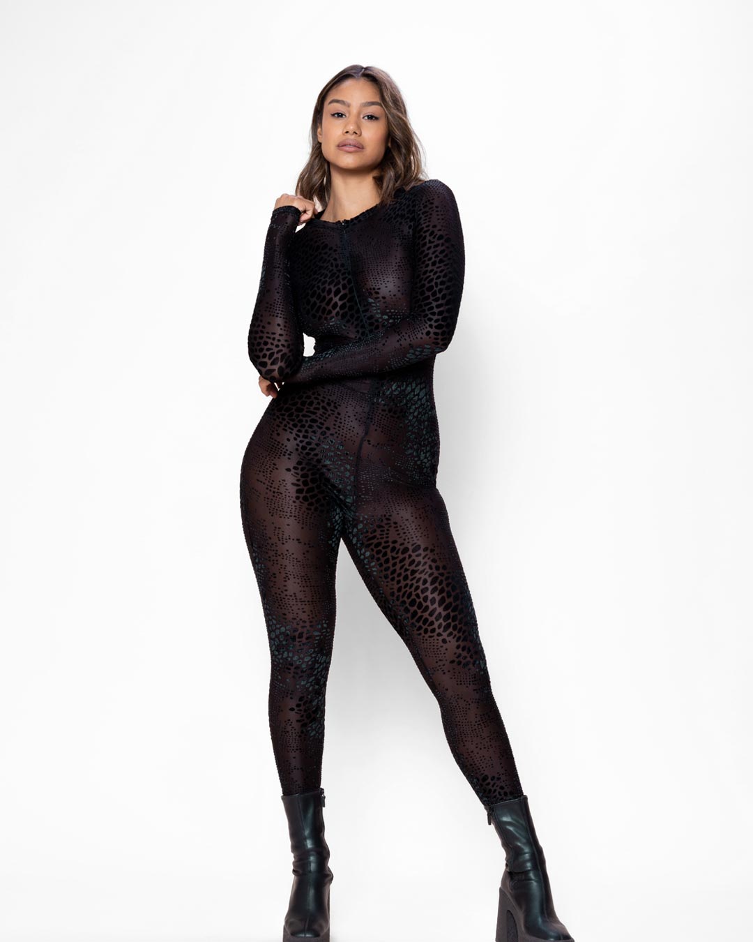 Black Snakeskin Burnout Velvet Full Bodysuit | Women's