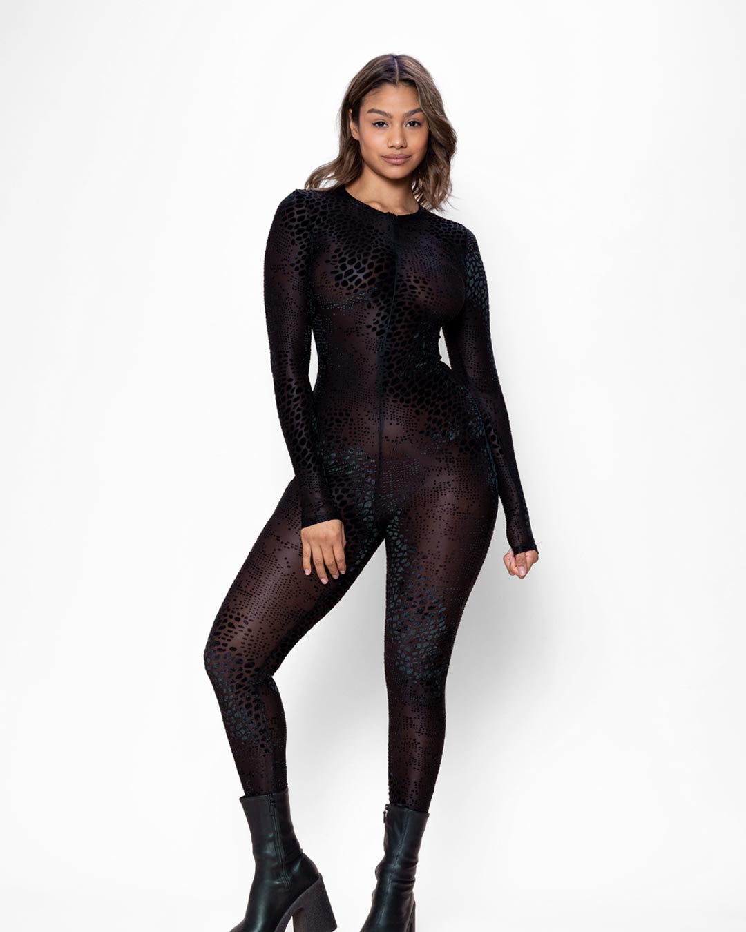 Black Snakeskin Burnout Velvet Full Bodysuit | Women&#39;s