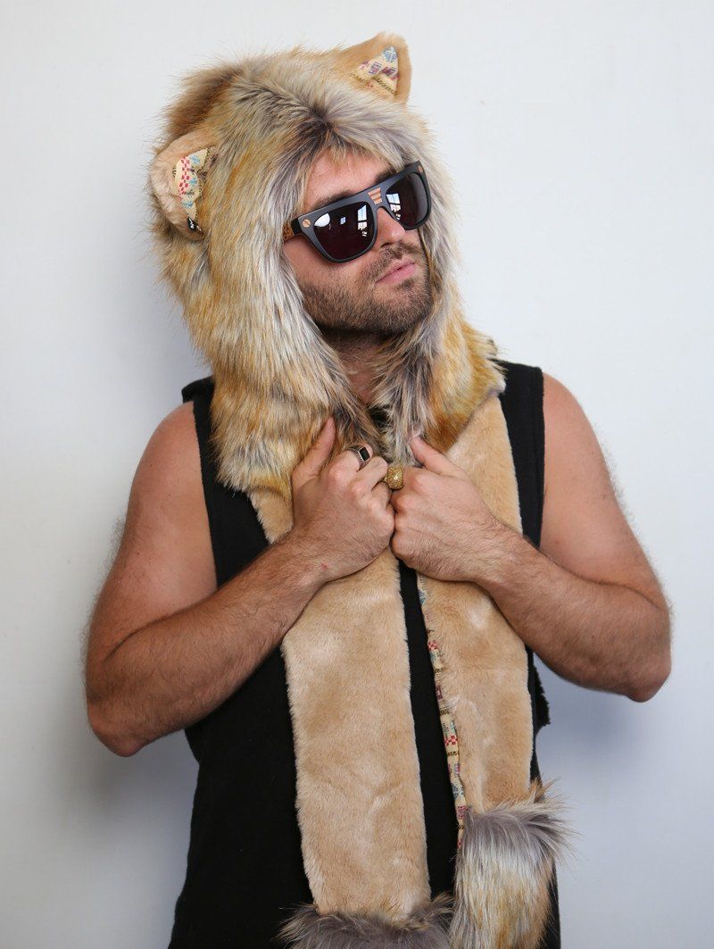 Man wearing faux fur Cecil The Lion Collectors Edition SpiritHood, front view 1