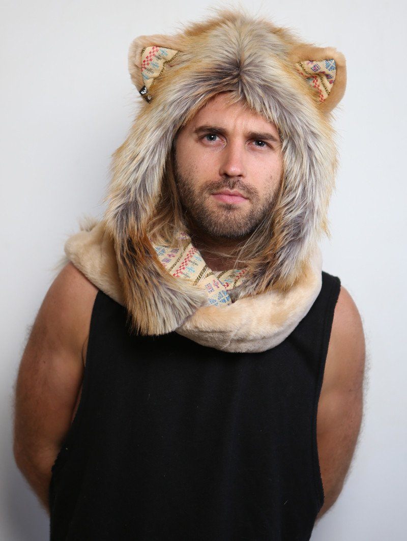Man wearing faux fur Cecil The Lion Collectors Edition SpiritHood, front view 3