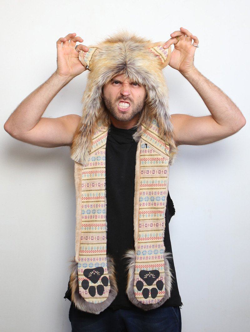 Man wearing faux fur Cecil The Lion Collectors Edition SpiritHood, front view 4
