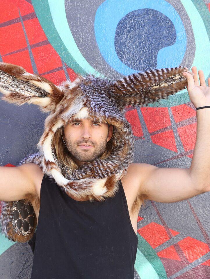 Man wearing faux fur Hybrid Bunny Collectors Edition SpiritHood, front view 1