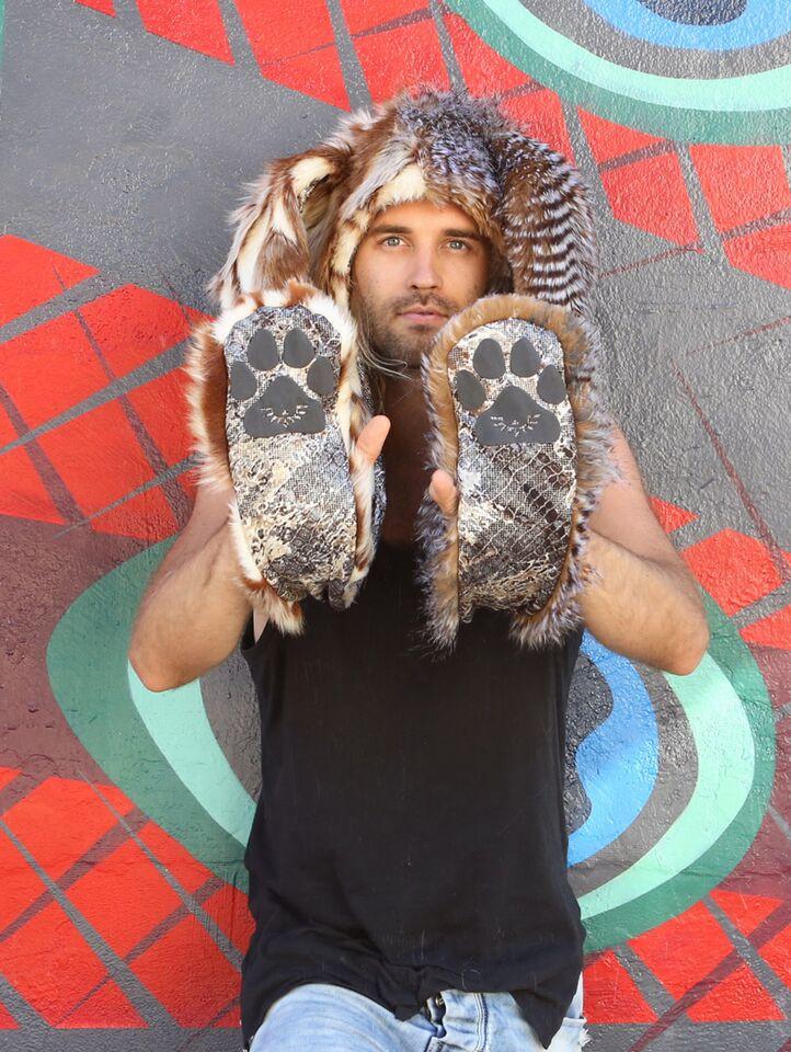 Man wearing faux fur Hybrid Bunny Collectors Edition SpiritHood, front view 3