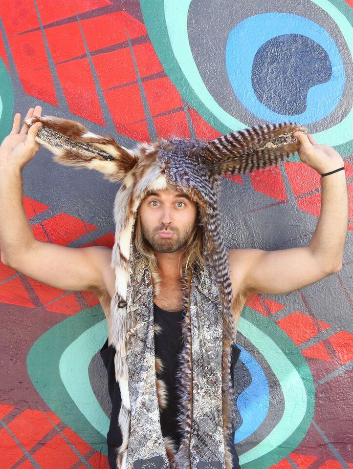 Man wearing faux fur Hybrid Bunny Collectors Edition SpiritHood, front view 4