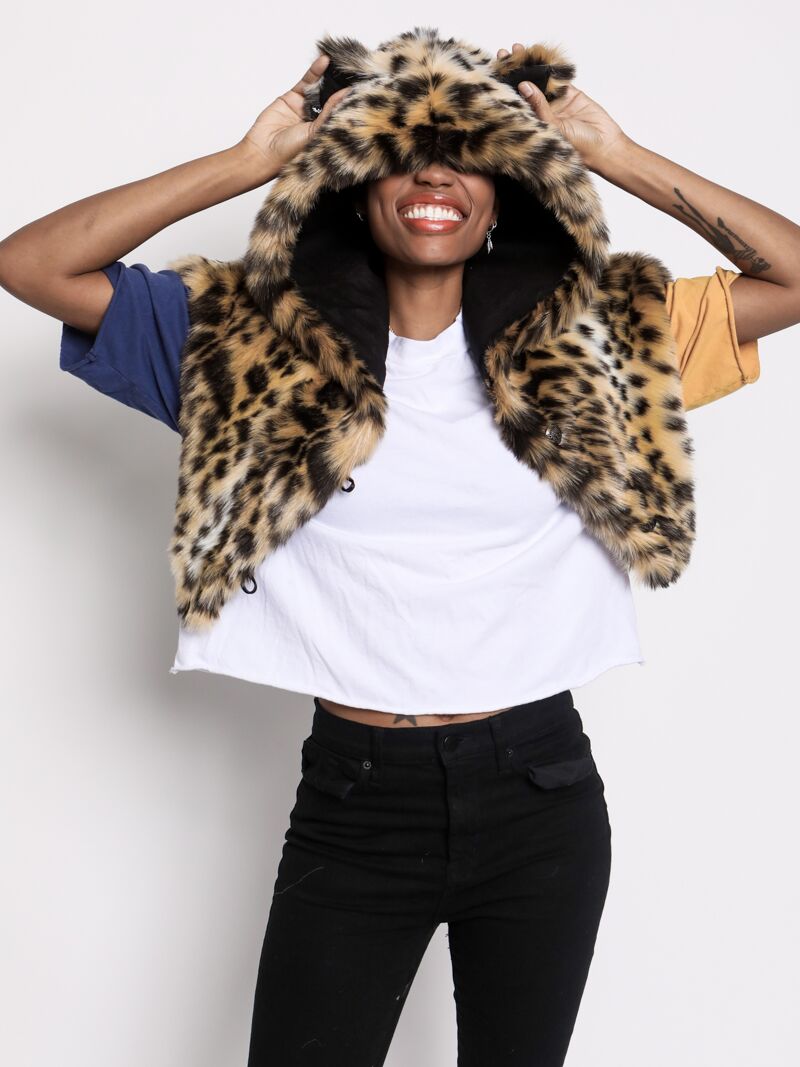 Woman wearing Cheetah Faux Fur SpiritHoods Shawl