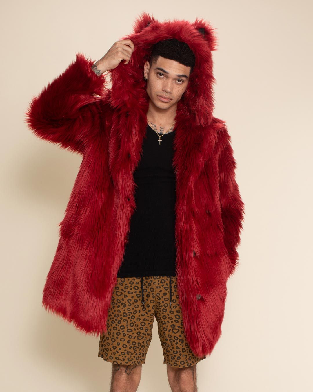 SpiritHoods Red Velvet Wolf Classic Faux Fur Coat | Men's L / Red/Brown