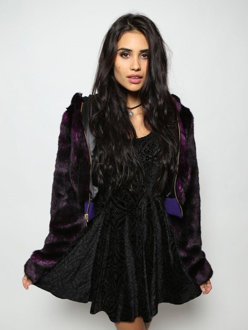 Woman wearing faux fur Midnight Purple Wolf Crop Jacket, front view 5
