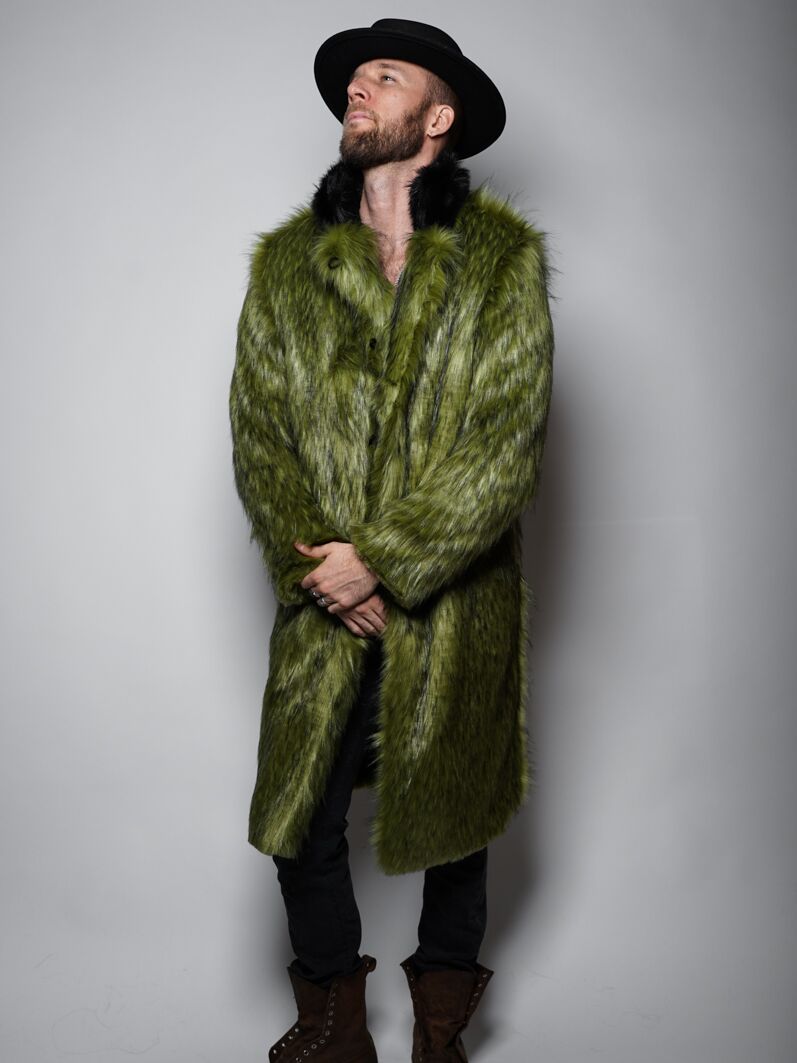 Man wearing Jade Fox Faux Fur Calf Length Coat, front view 3
