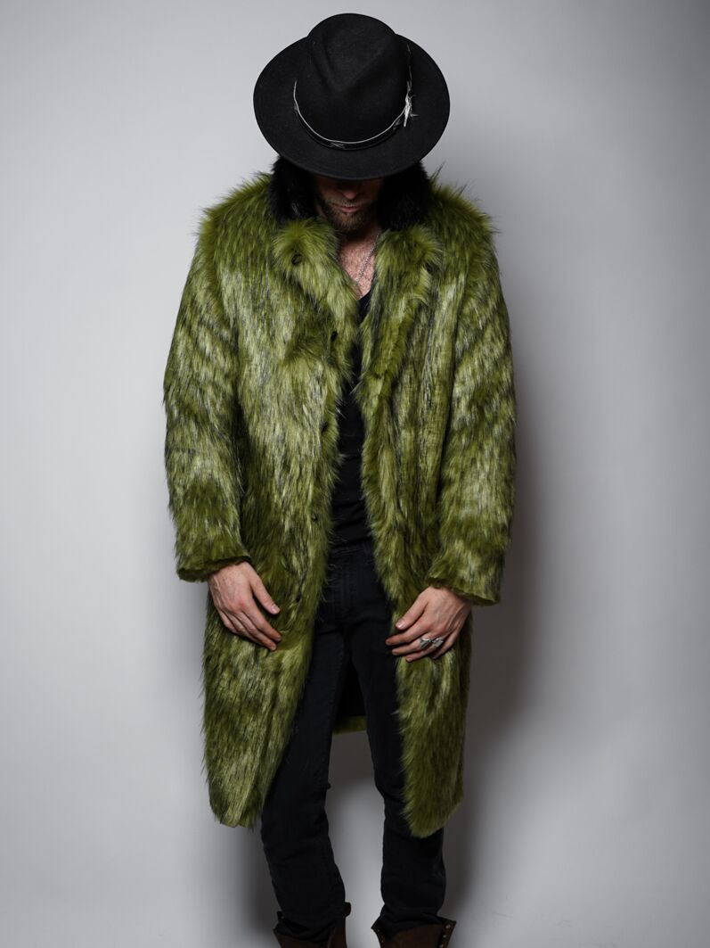 Man wearing Jade Fox Faux Fur Calf Length Coat, front view 1