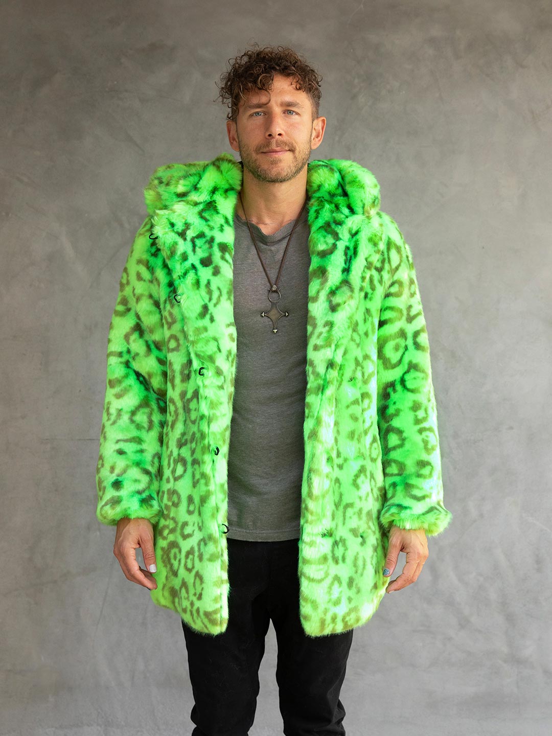 Man wearing Neon Green Leopard Luxe Classic Faux Fur Coat, front view 5