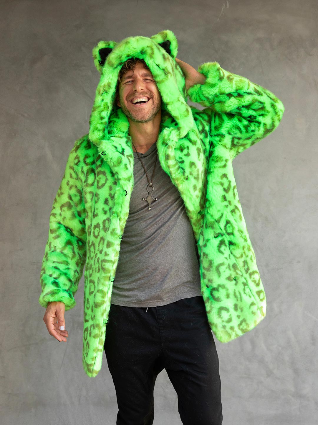 Man wearing Neon Green Leopard Luxe Classic Faux Fur Coat, front view 1