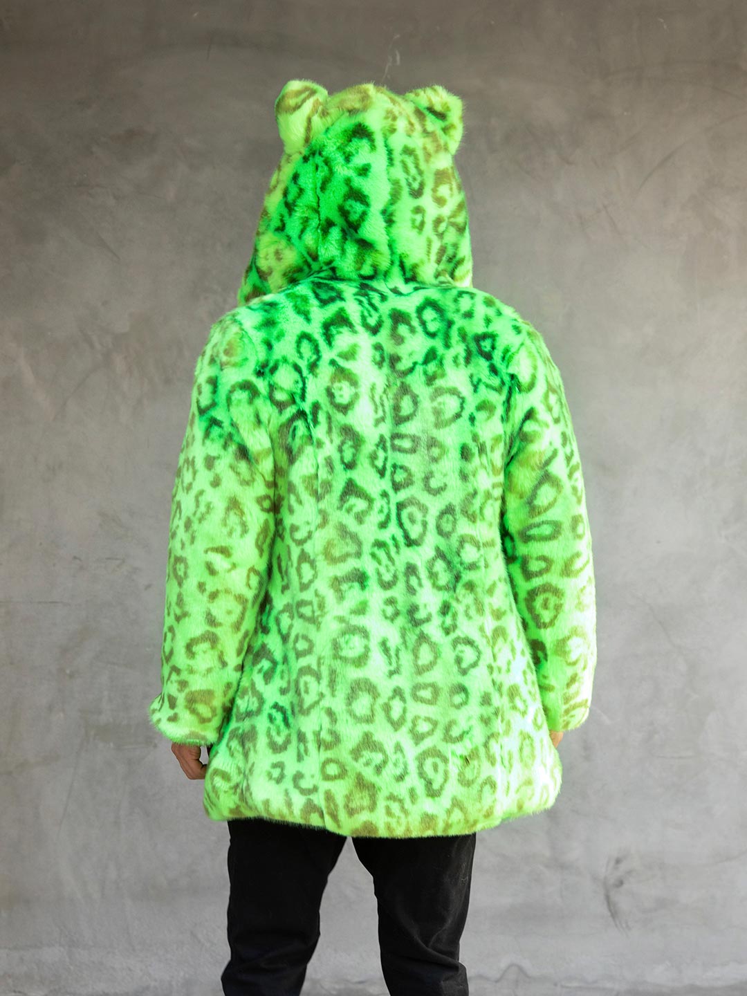 Man wearing Neon Green Leopard Luxe Classic Faux Fur Coat, back view 1