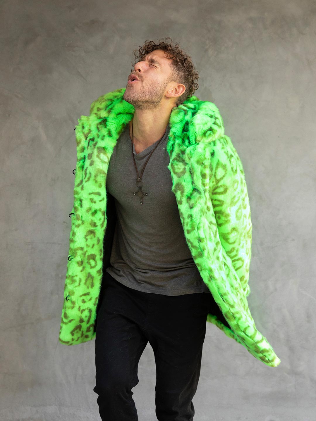 Man wearing Neon Green Leopard Luxe Classic Faux Fur Coat, front view 6