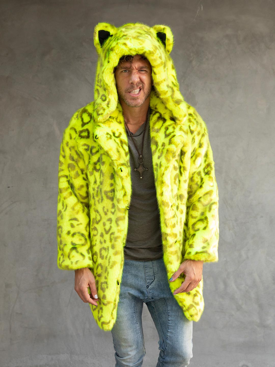 Man wearing Neon Yellow Leopard Luxe Classic Faux Fur Coat, front view 1
