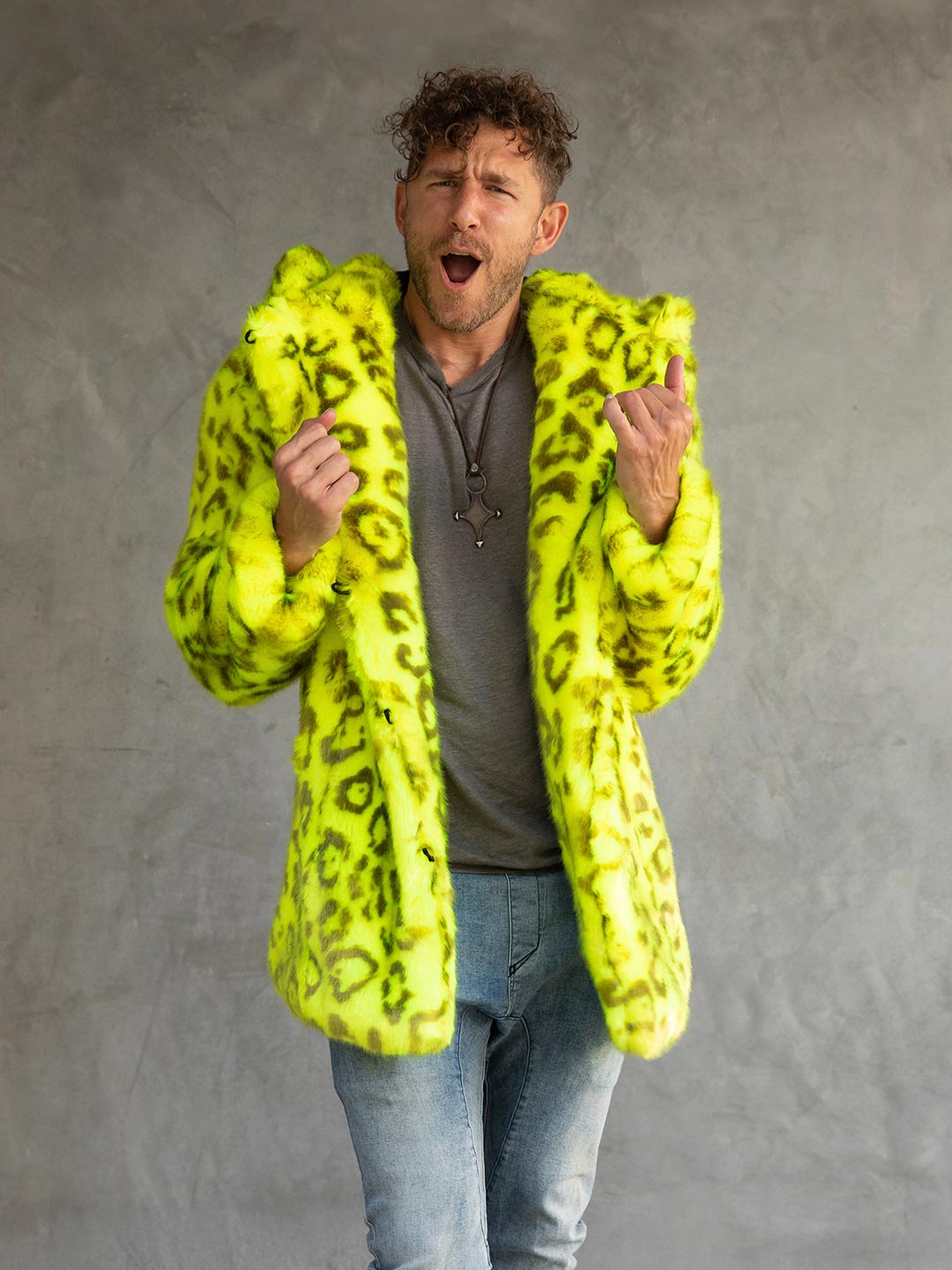 Man wearing Neon Yellow Leopard Luxe Classic Faux Fur Coat, front view 1