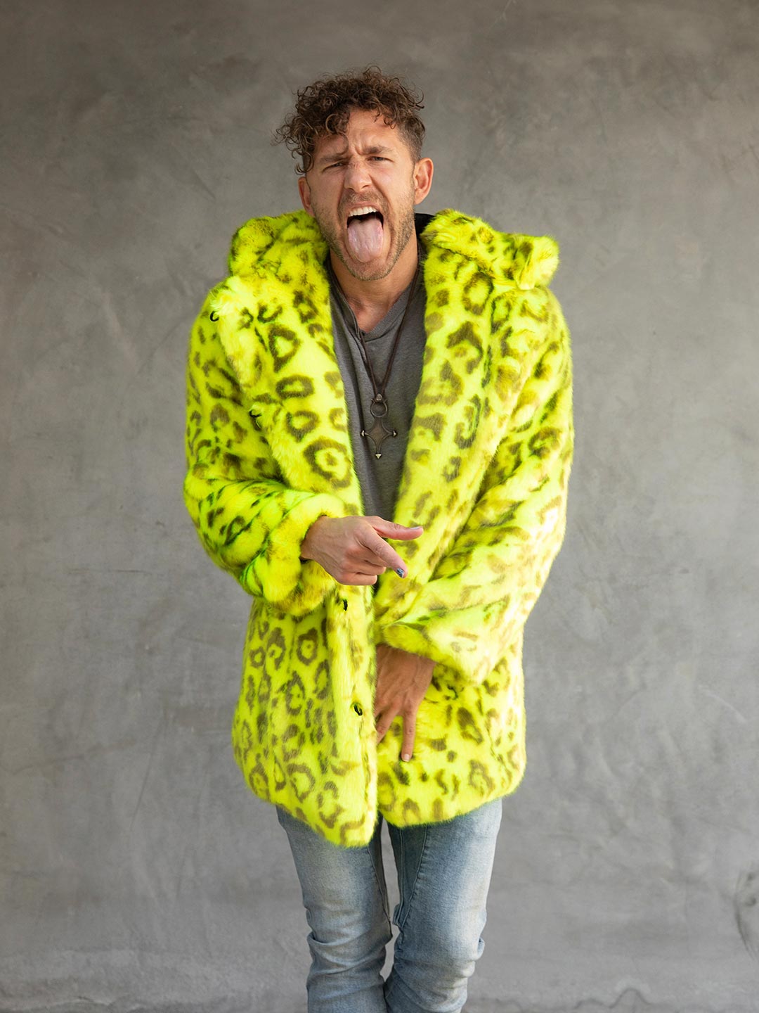 Man wearing Neon Yellow Leopard Luxe Classic Faux Fur Coat, front view 5