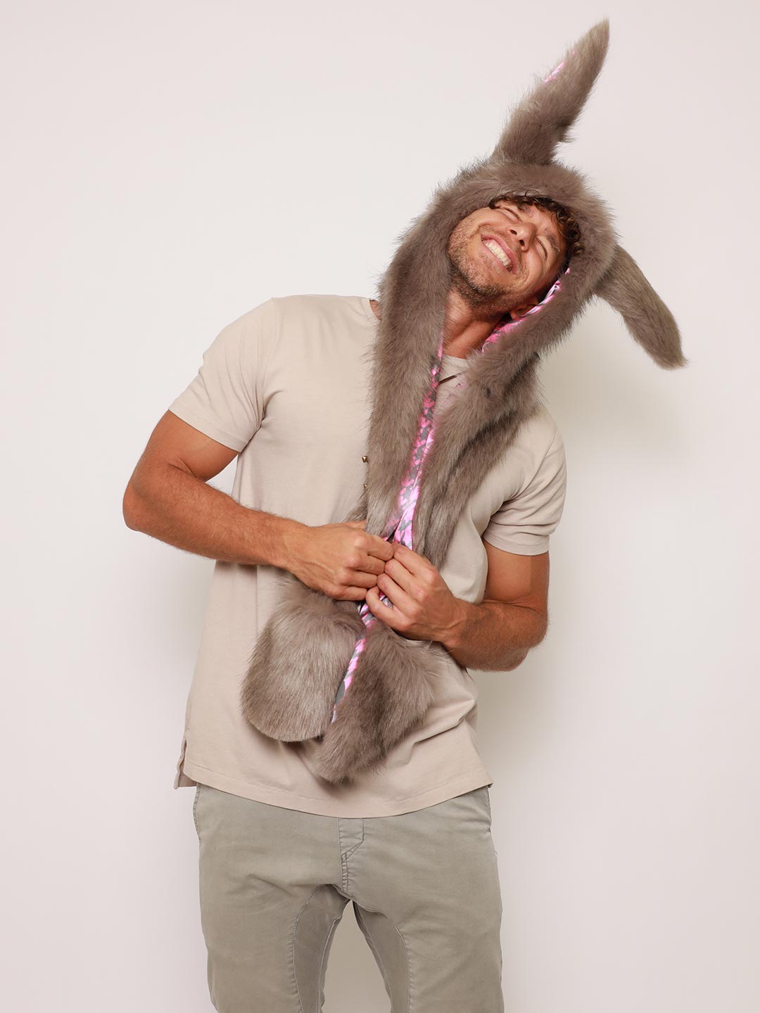 Man wearing faux fur Nasty Rabbit 2.0 Collector Edition SpiritHood, side view