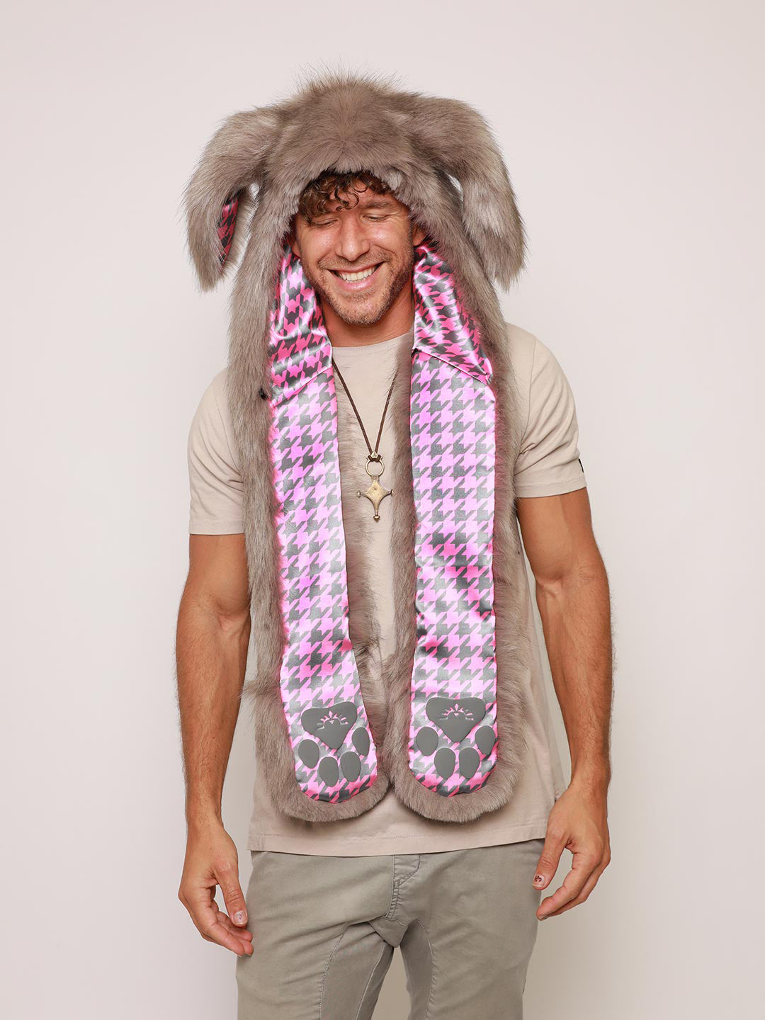 Man wearing faux fur Nasty Rabbit 2.0 Collector Edition SpiritHood