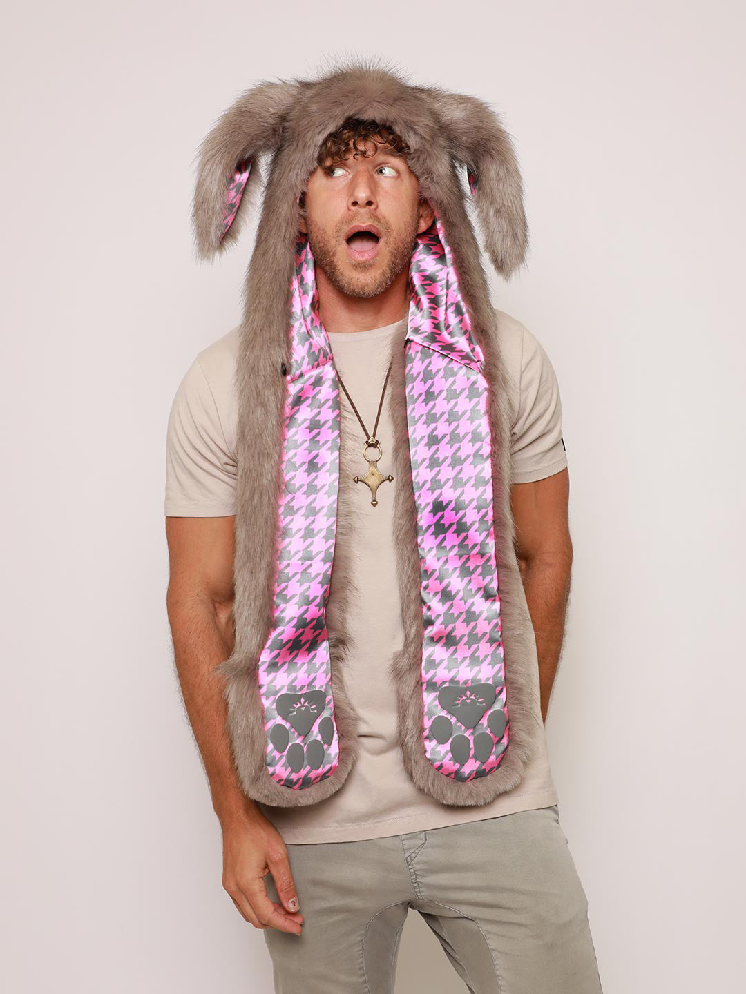 Man wearing faux fur Nasty Rabbit 2.0 Collector Edition SpiritHood, front view 5