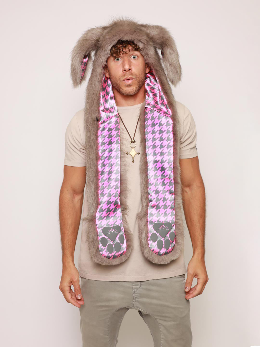 Man wearing faux fur Nasty Rabbit 2.0 Collector Edition SpiritHood, front view 2