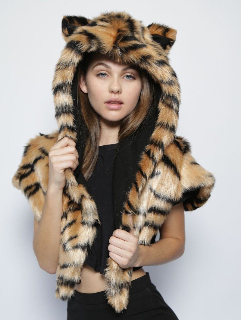 Tiger Shawl Collectors Faux Fur with Hood on Female