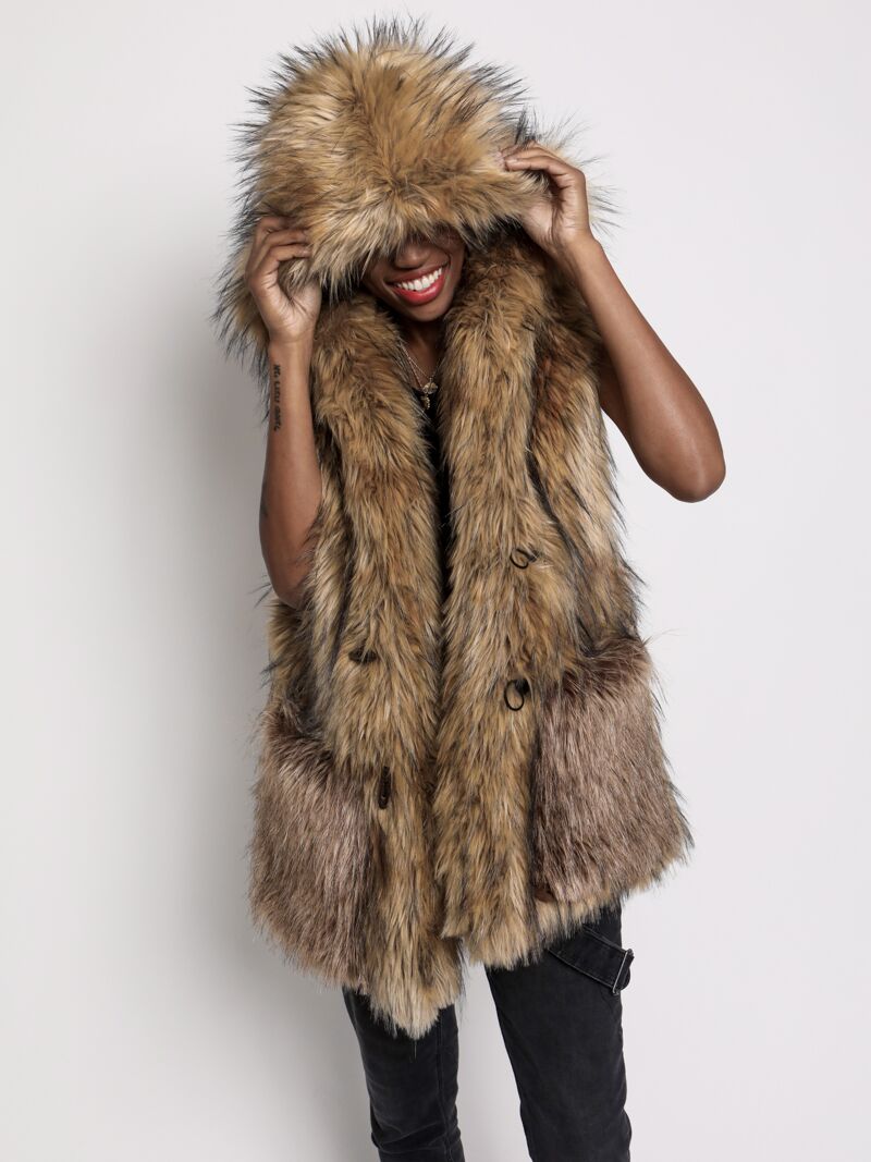 Golden Jackal Hooded Faux Fur Vest on Female