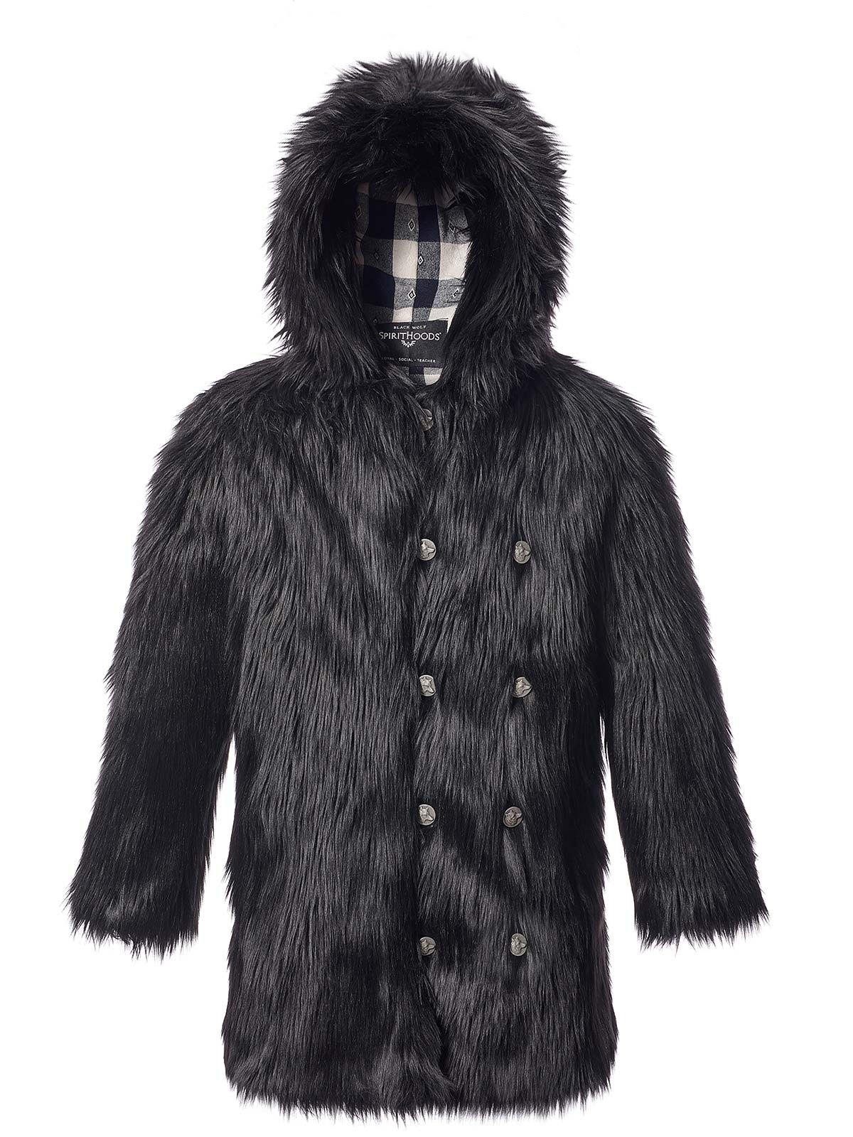 Exterior and Interior View of Black Wolf Faux Fur Hooded Coat with Plaid Lining