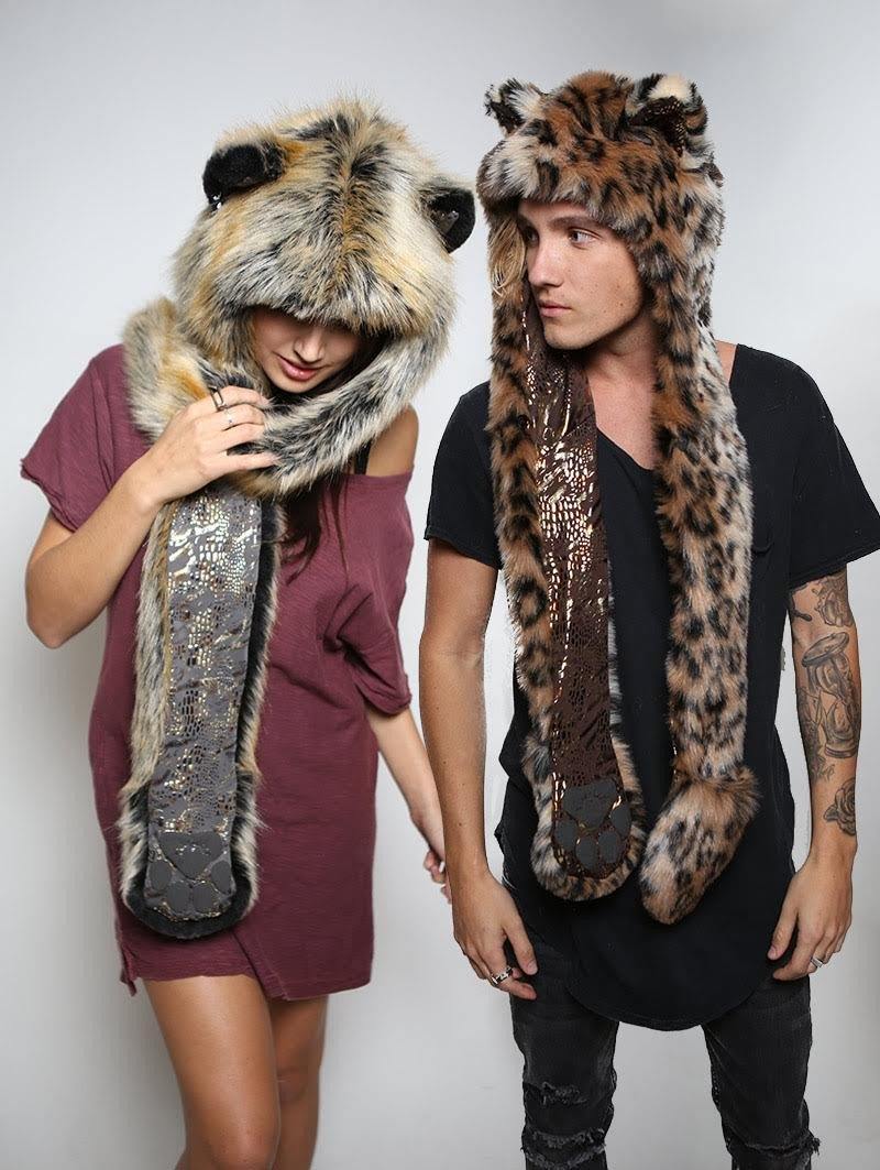 Man and woman wearing faux fur Red Wolf Snakeskin + Leopard Snakeskin SpiritHoods