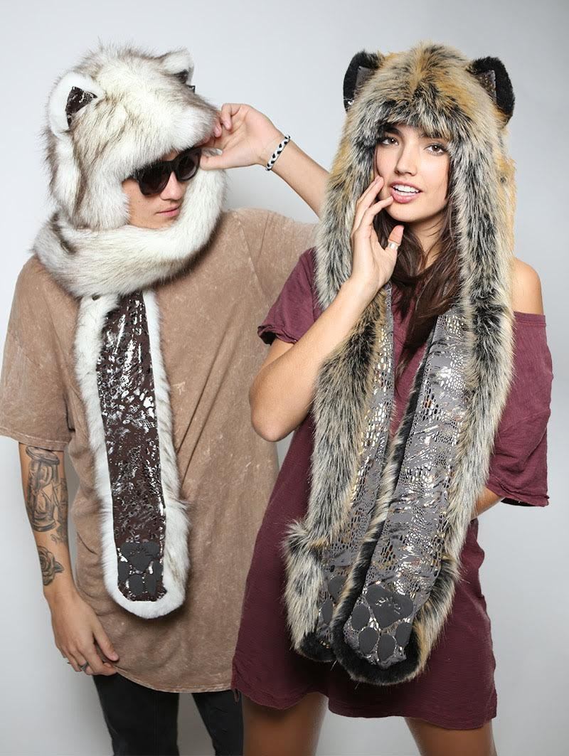 People wearing faux fur Brown Husky Snakeskin and Red Wolf Snakeskin SpiritHoods, front view 1