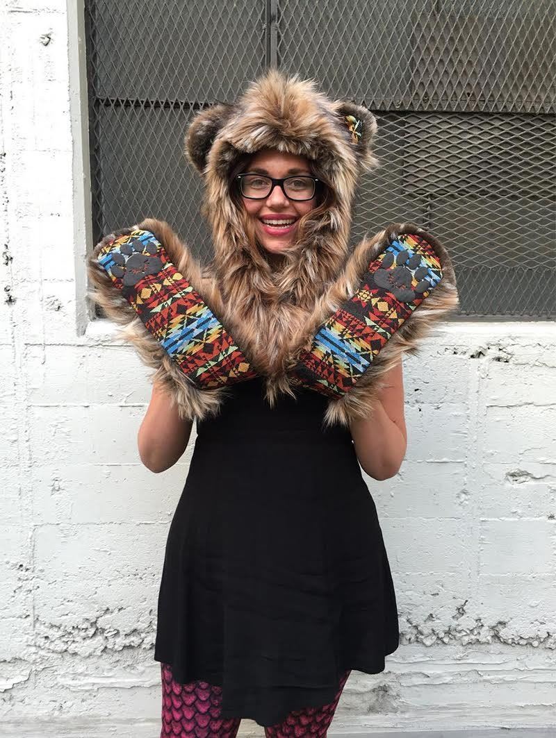 Woman wearing Brown Bear Collectors Edition Faux Fur SpiritHood, front view 2