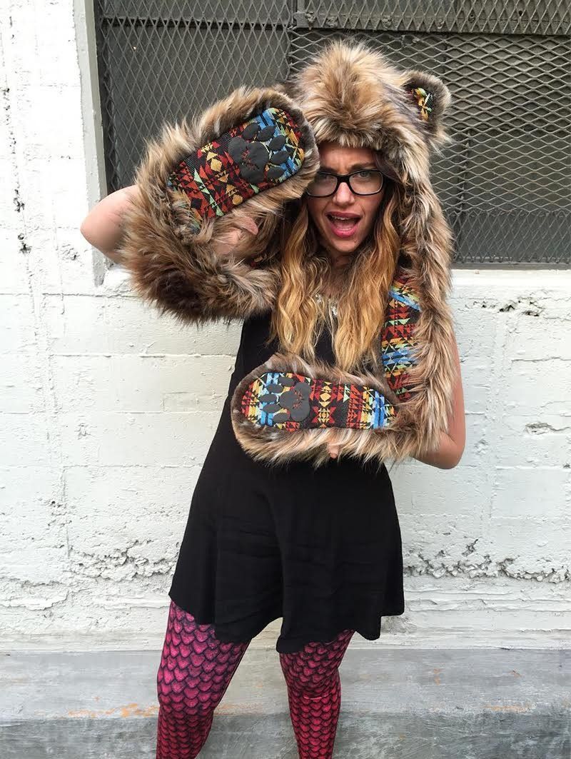 Woman wearing Brown Bear Collectors Edition Faux Fur SpiritHood, front view