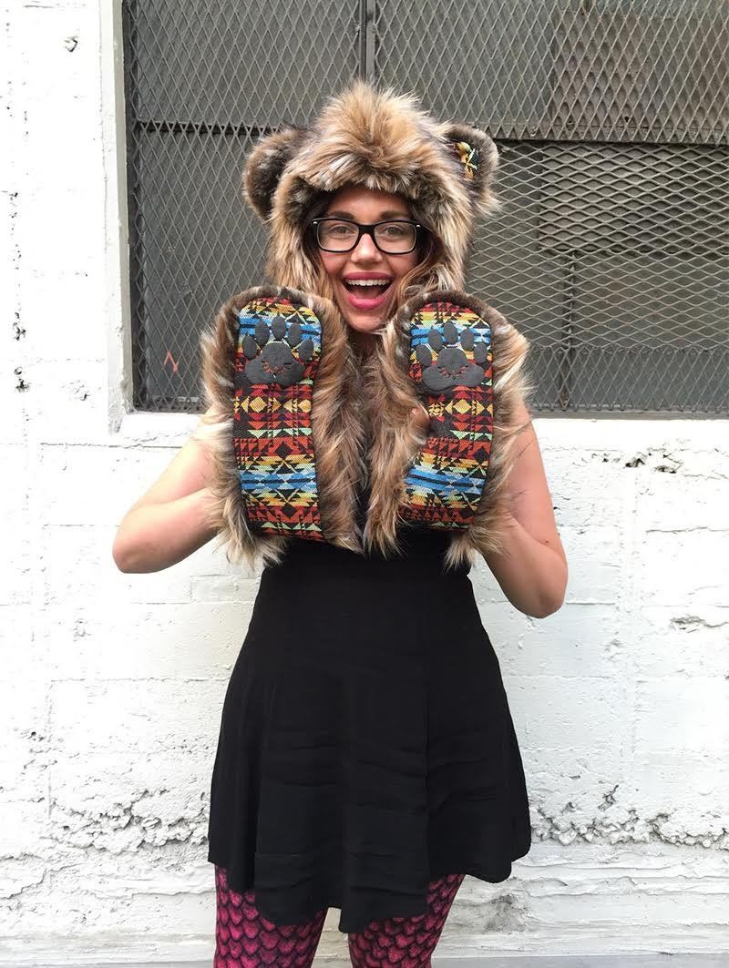 Woman wearing Brown Bear Collectors Edition Faux Fur SpiritHood, front view 1
