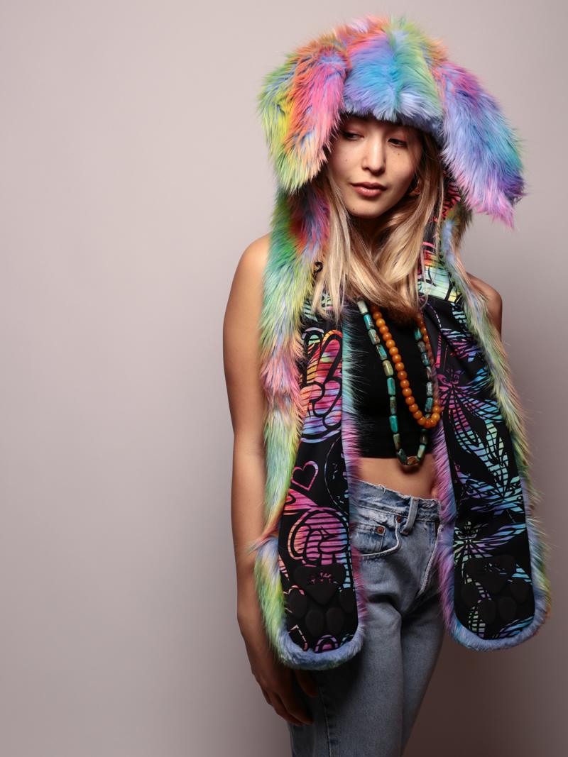 Woman wearing faux fur Fair Bunny CE SpiritHood, front view