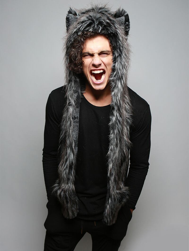 Man wearing faux fur Night Fox Italy SpiritHood, front view 1