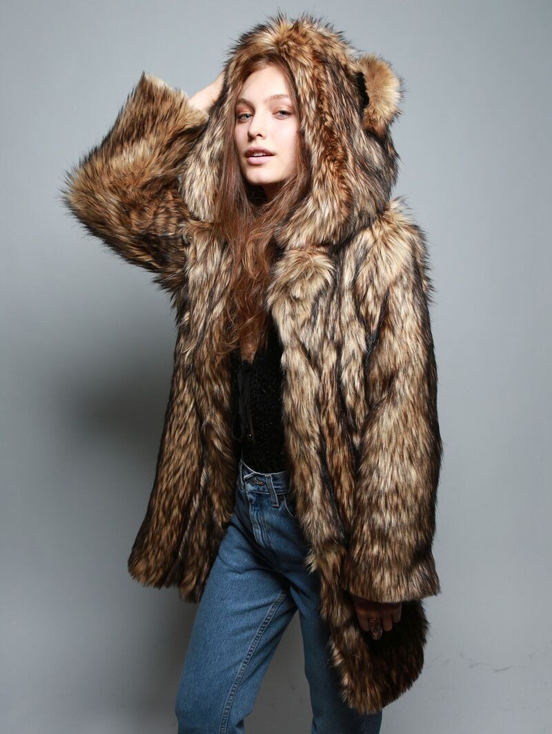 Brown Grizzly Faux Fur Coat on Female