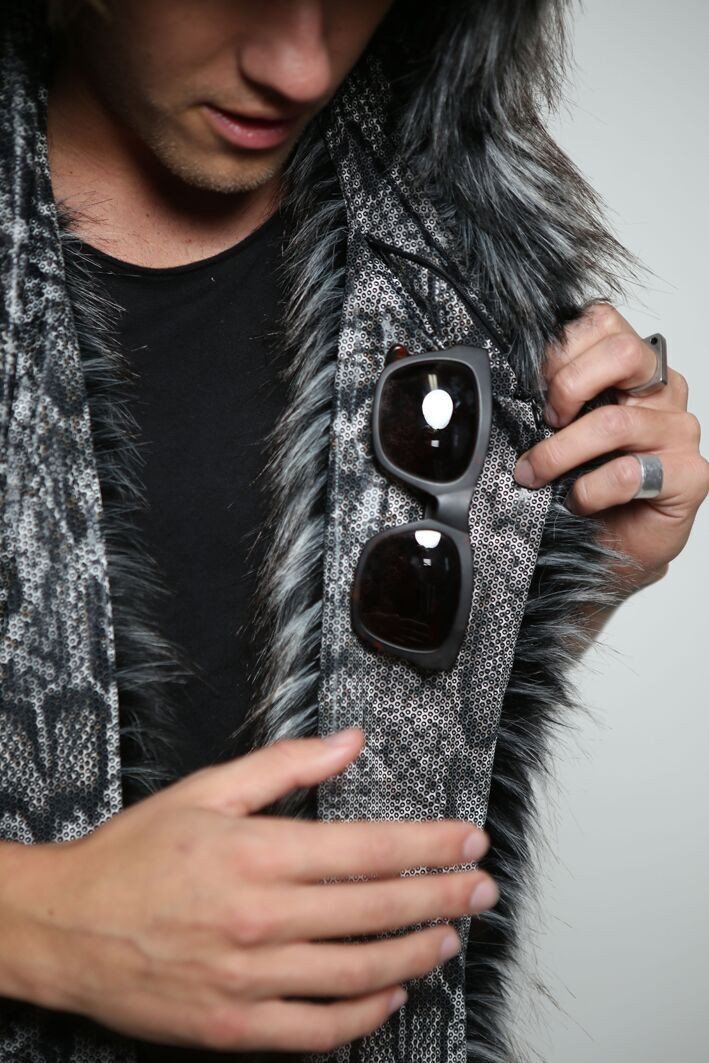 Man wearing faux fur Night Fox Collectors Edition SpiritHood, front view 2