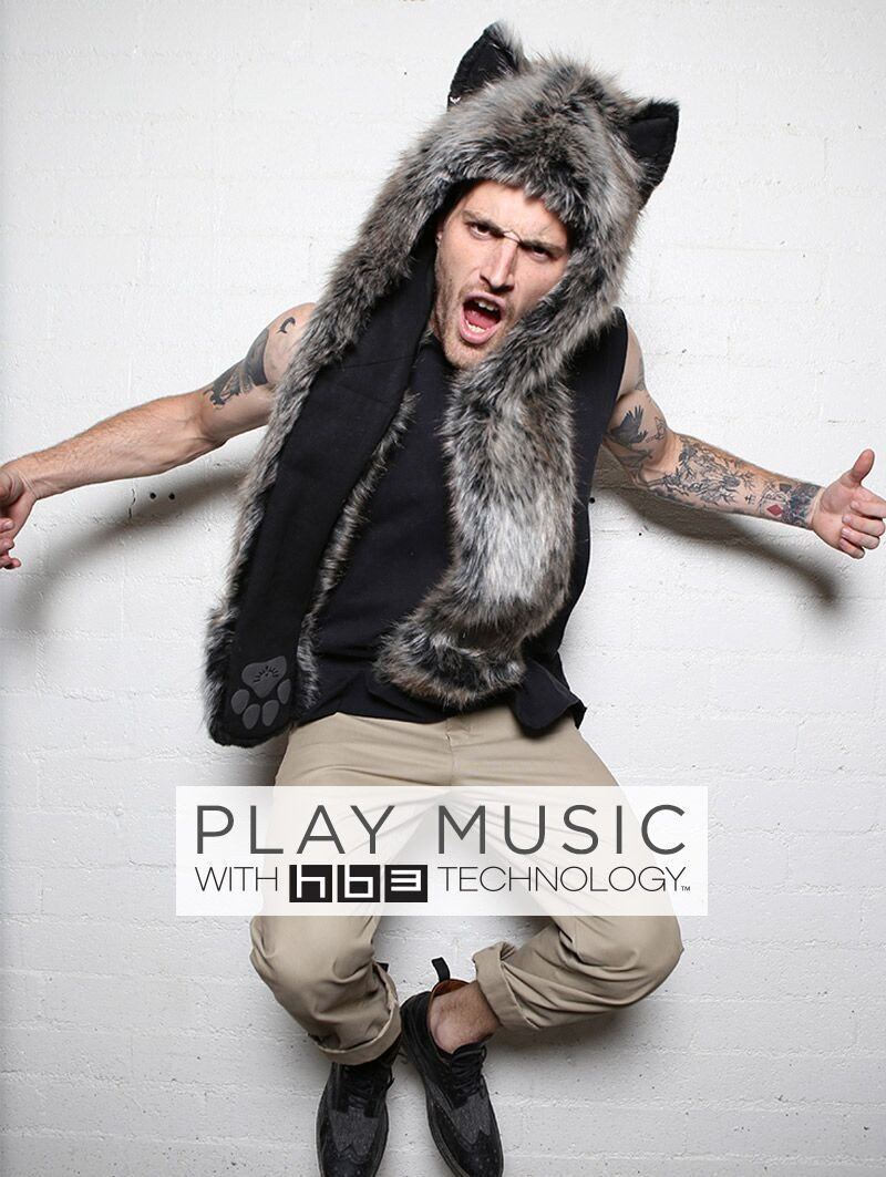 Man wearing faux fur Grey Wolf SpiritHood HB3