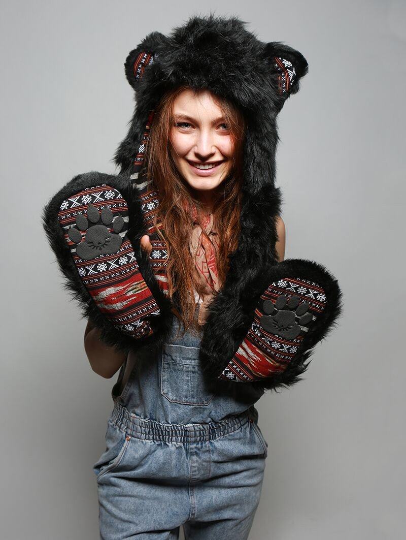 Woman wearing Faux Fur Black Bear SpiritHood, front view
