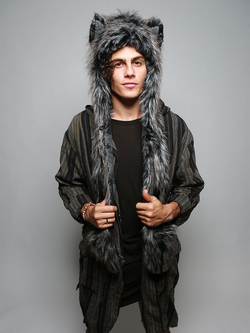 Man wearing faux fur Night Fox Italy SpiritHood, front view