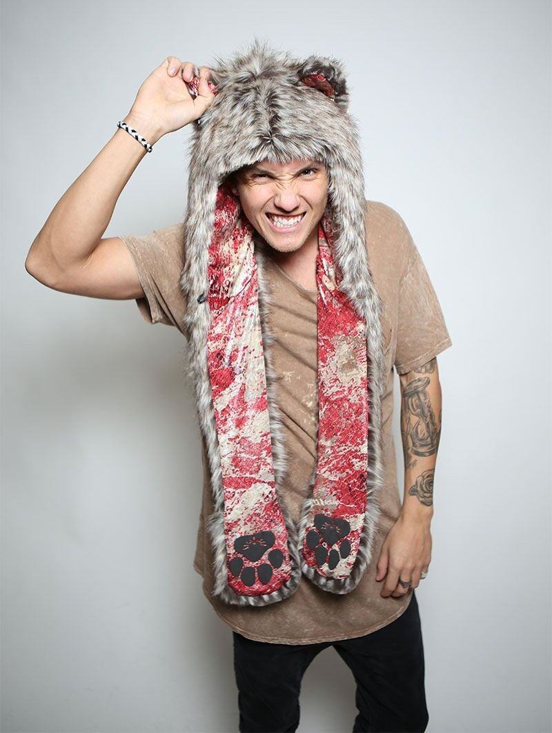 Man wearing Silver Coyote Collectors Edition SpiritHood, front view 1